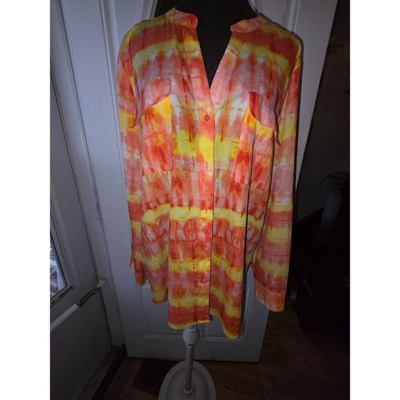 Calvin Klein Womens XL Long Sleeve Blouse Tie-Dye Yellow & Orange - Picture 2 of 7